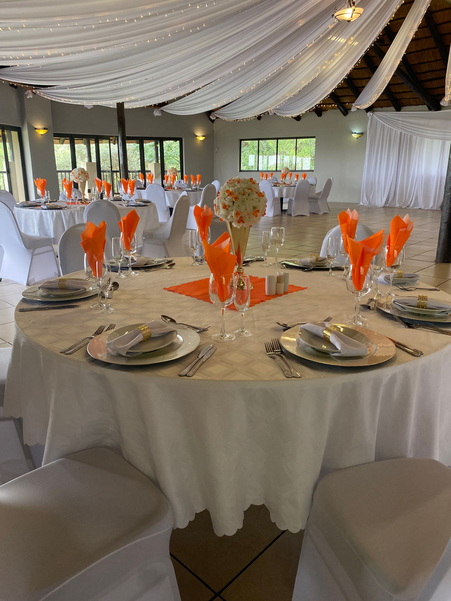 A banquet table set for a celebration at Protea Ridge Lodge.